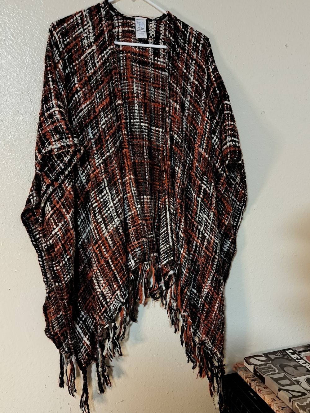 040) Time and Tru Rust Orange Black Plaid Fringe Open-Front Poncho One Size